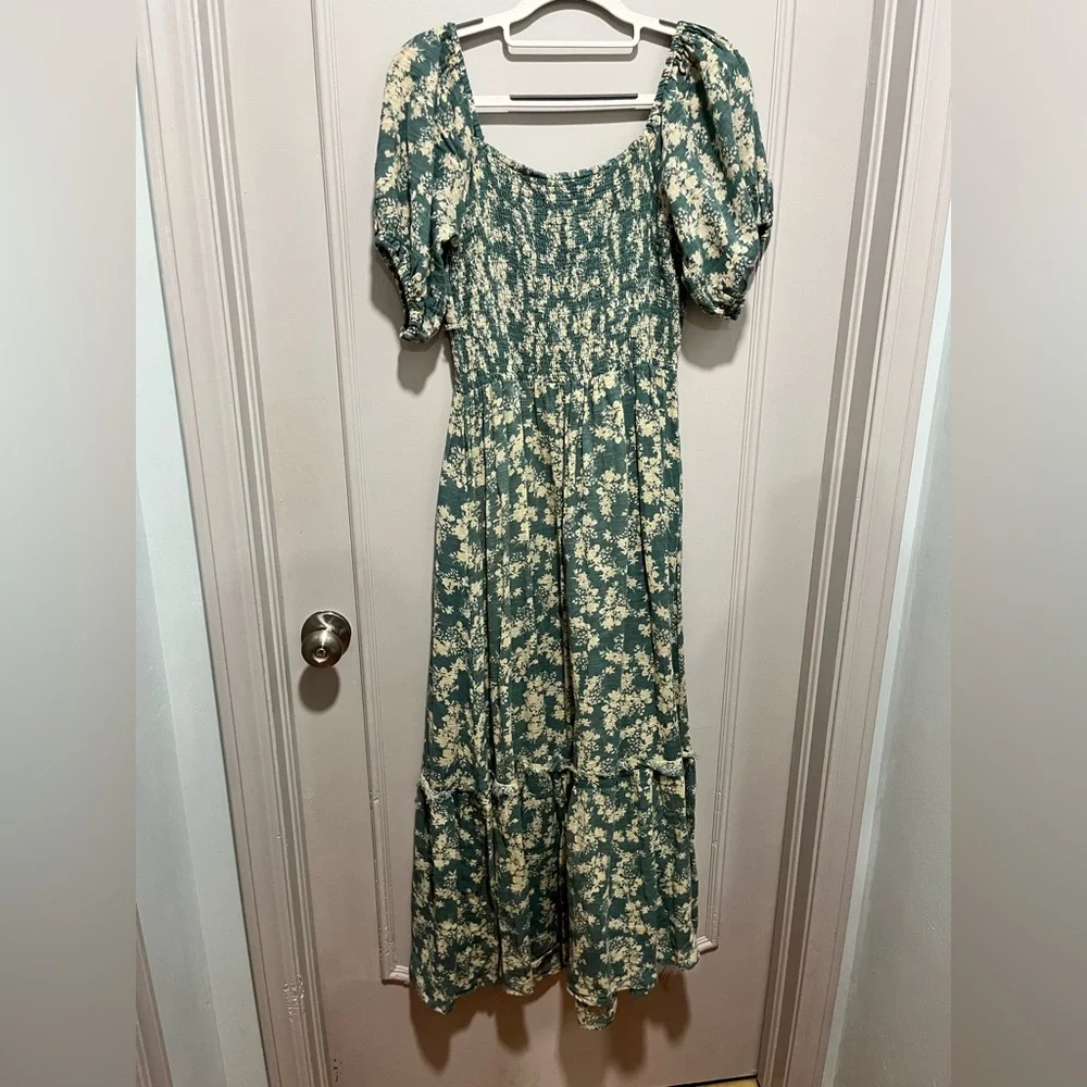 Johnny Was Teal Green Floral Puff-Sleeve Maxi Dress - Picture 3 of 3
